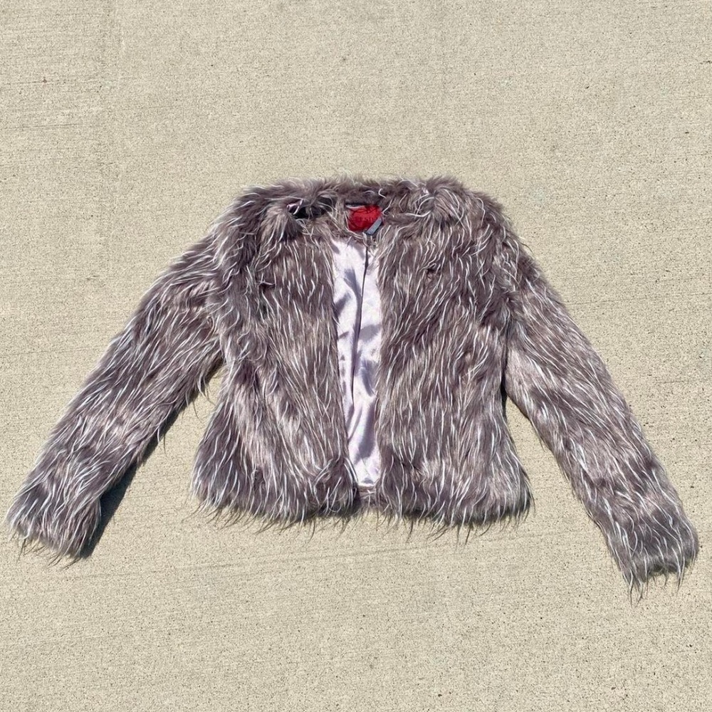 2000s vintage brown and gray fur coat with satin purple grey lining